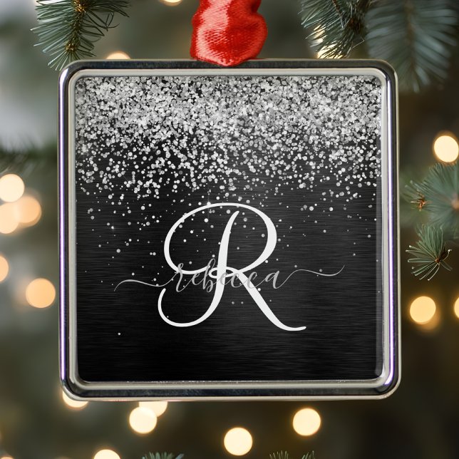 Custom Silver Glitter Black Sparkle Monogram Metal Tree Decoration (Creator Uploaded)