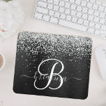 Custom Silver Glitter Black Sparkle Monogram Mouse Mat<br><div class="desc">Easily personalize this trendy elegant mouse pad design featuring pretty silver sparkling glitter on a black brushed metallic background.</div>