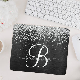 Custom Silver Glitter Black Sparkle Monogram Mouse Mat