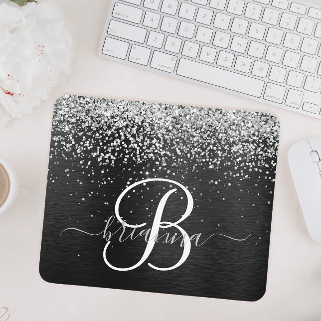 Custom Silver Glitter Black Sparkle Monogram Mouse Mat (Creator Uploaded)