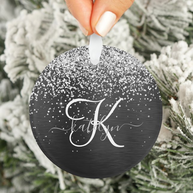 Custom Silver Glitter Black Sparkle Monogram Ornament (Creator Uploaded)