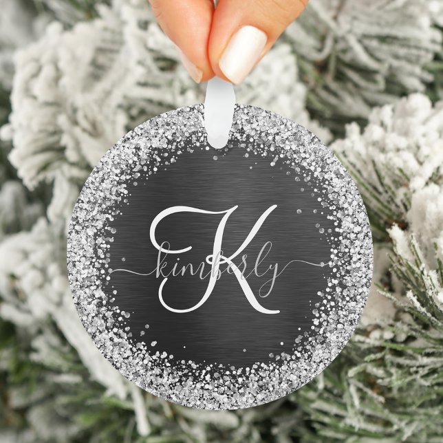 Custom Silver Glitter Black Sparkle Monogram Ornament (Creator Uploaded)