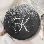 Custom Silver Glitter Black Sparkle Monogram Paper Plate<br><div class="desc">Easily personalise this trendy elegant paper plate design featuring pretty silver sparkling glitter on a black brushed metallic background.</div>