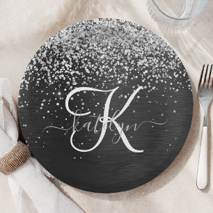 Custom Silver Glitter Black Sparkle Monogram Paper Plate