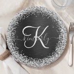 Custom Silver Glitter Black Sparkle Monogram Paper Plate<br><div class="desc">Easily personalise this trendy elegant paper plate design featuring pretty silver sparkling glitter on a black brushed metallic background.</div>