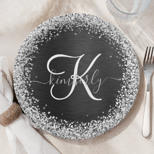 Custom Silver Glitter Black Sparkle Monogram Paper Plate