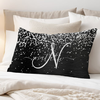 Custom Silver Glitter Black Sparkle Monogram Pillowcase