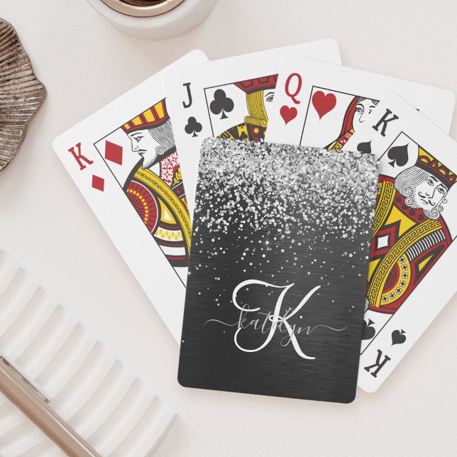 Custom Silver Glitter Black Sparkle Monogram Playing Cards (Creator Uploaded)