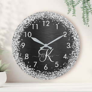 Custom Silver Glitter Black Sparkle Monogram Round Clock