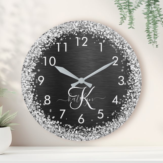 Custom Silver Glitter Black Sparkle Monogram Round Clock (Creator Uploaded)