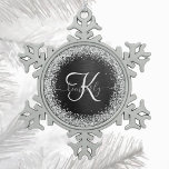 Custom Silver Glitter Black Sparkle Monogram Snowflake Pewter Christmas Ornament<br><div class="desc">Easily personalise this trendy elegant christmas ornament design featuring pretty silver sparkling glitter on a black brushed metallic background.</div>
