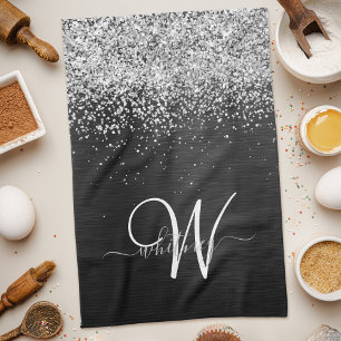 Custom Silver Glitter Black Sparkle Monogram Tea Towel