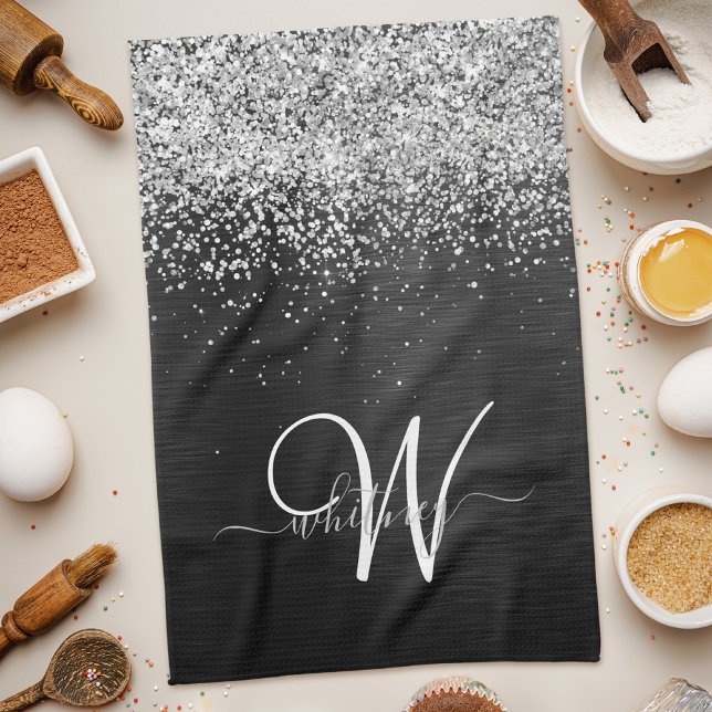 Custom Silver Glitter Black Sparkle Monogram Tea Towel (Creator Uploaded)