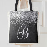 Custom Silver Glitter Black Sparkle Monogram Tote Bag<br><div class="desc">Easily personalise this trendy elegant tote bag design featuring pretty silver sparkling glitter on a black brushed metallic background.</div>