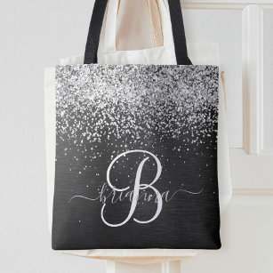 Custom Silver Glitter Black Sparkle Monogram Tote Bag