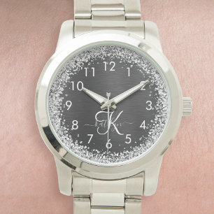 Custom Silver Glitter Black Sparkle Monogram Watch