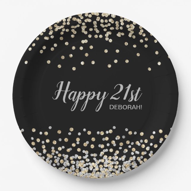 Custom Silver Gold Confetti 21st Birthday Party Paper Plate (Front)