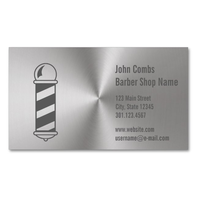 Custom Silver Metal Look Barber Magnetic Business Card (Front)