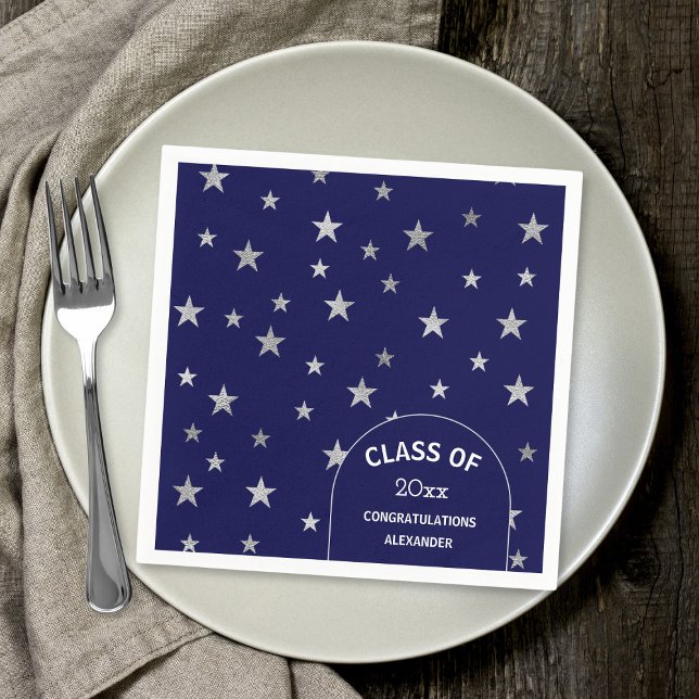 Custom Silver Stars navy blue graduation party Napkin (Creator Uploaded)
