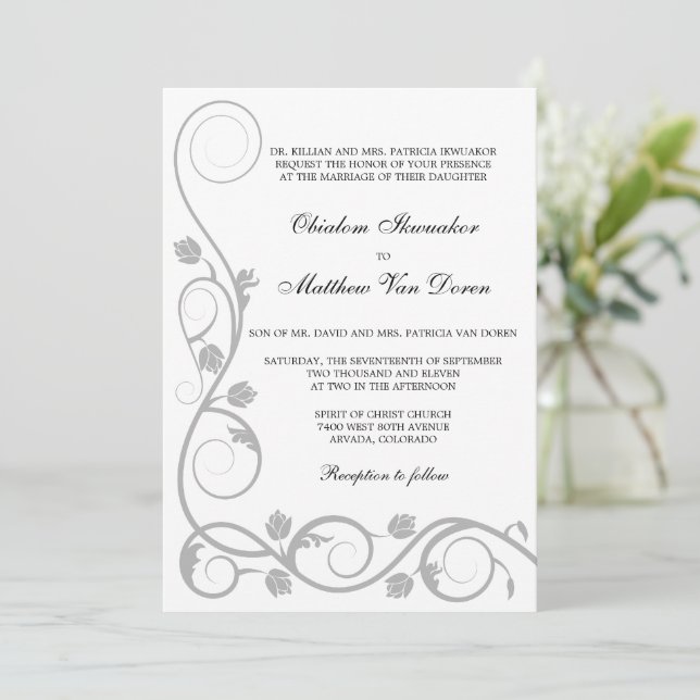 Custom Silver Swirls Wedding Invitation (Standing Front)