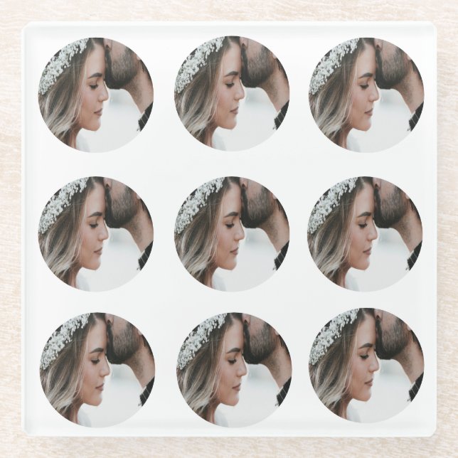 custom simple add circular photo collage add name  glass coaster (Front)