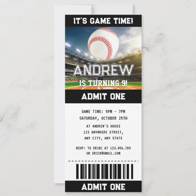 Custom simple Baseball Ticket Birthday Invitation (Front)
