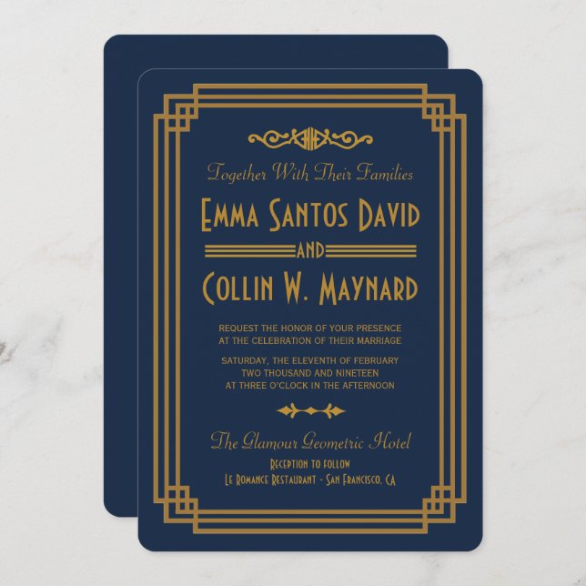 Custom Simple Blue Art Deco Wedding Invites (Front/Back)