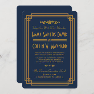 Custom Simple Blue Art Deco Wedding Invites