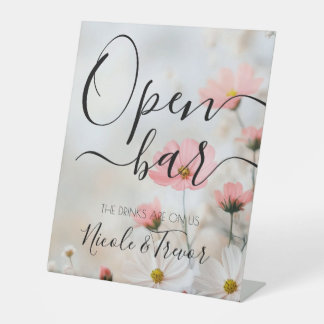 Custom Simple Flowers Wedding Open Bar Pedestal Sign