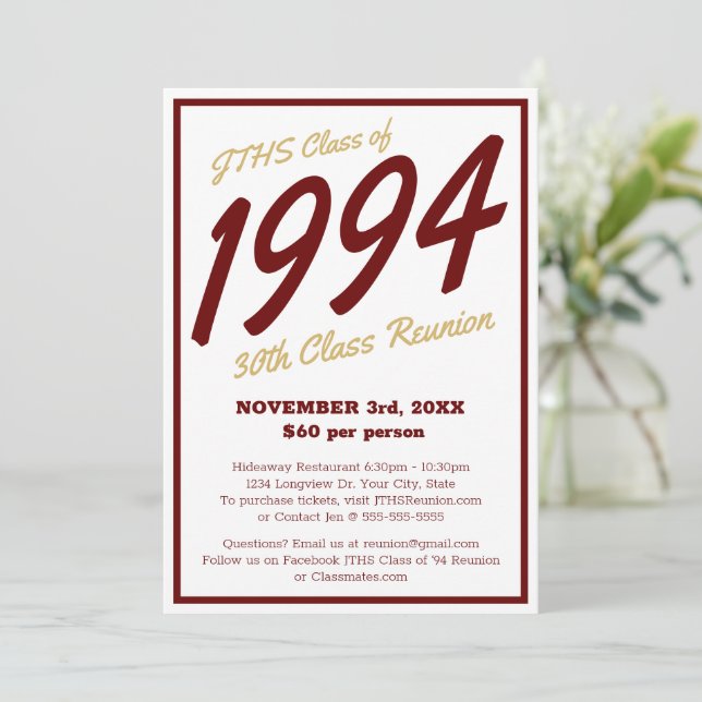 Custom Simple High School Class Reunion Invitation (Standing Front)