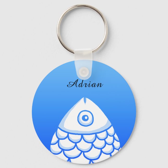 Custom Simple Koi Carp Fish Blue White Abstract Key Ring (Front)