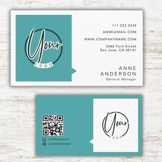 Custom Simple Logo Qr Code Corporation Turquise Business Card (Creator Uploaded)