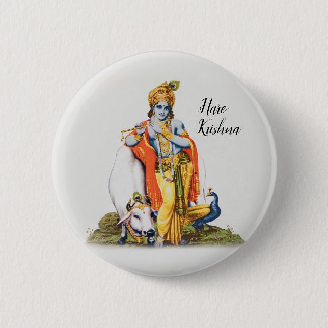 Custom Simple Lord Krishna with cow & bird button (Front)