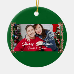Custom Simple Monogram Green Christmas Photo Ceramic Tree Decoration