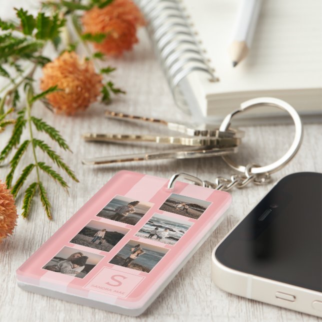 Custom Simple Photos On Dusty Coral Red Blush Pink Key Ring (Front Right)