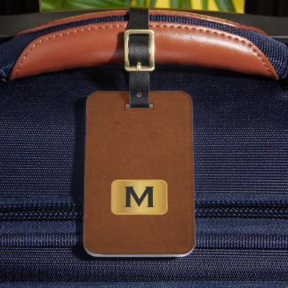 Custom Simple Sable Leather Gold Monogram  Luggage Tag