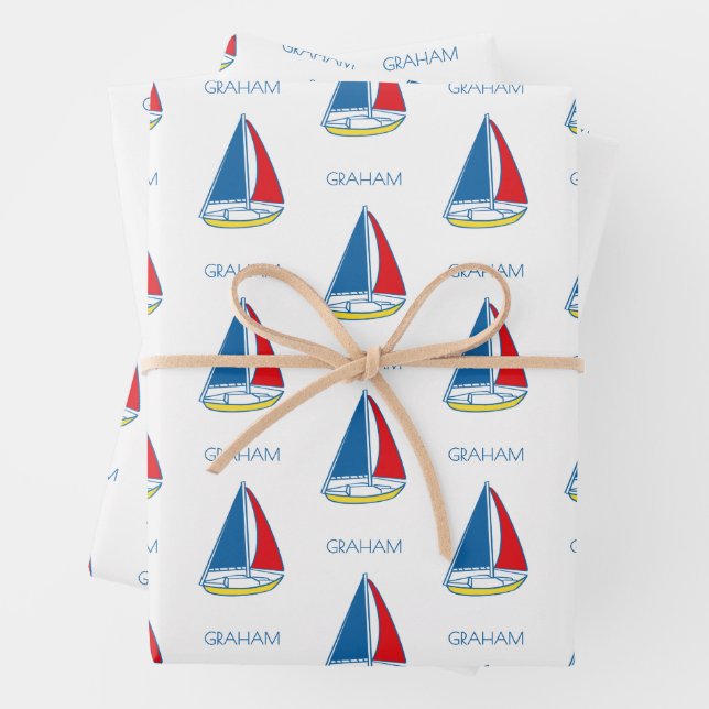 Custom Simple Sailboat Classic Baby Boy Nautical  Wrapping Paper Sheet (In situ)