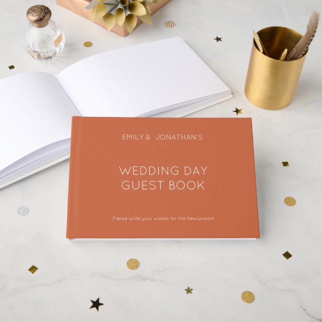 Custom Simple Typography Terracotta Wedding Day Guest Book (Front Open)