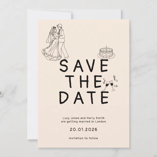 Custom Simple with Bride and Groom Illustration Save The Date | Zazzle