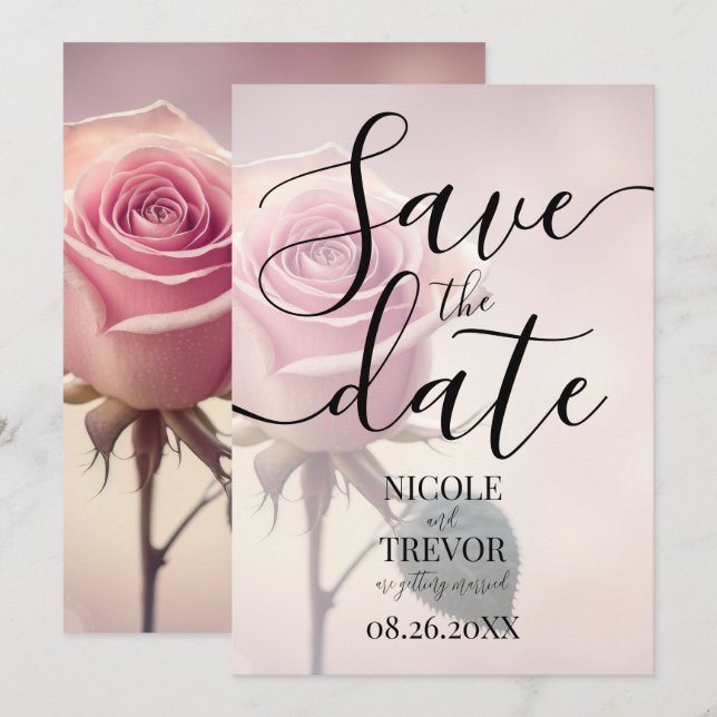 Custom Single Pink Rose Wedding Save The Date (Front/Back)