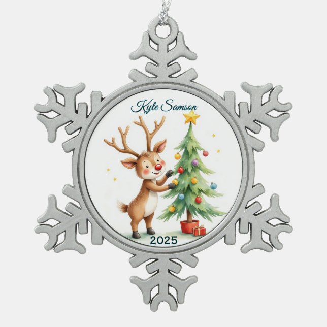 Custom Single Reindeer And Xmas Tree Snowflake Pewter Christmas Ornament (Front)