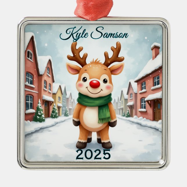 Custom Single Reindeer Town Metal Tree Decoration (Front)