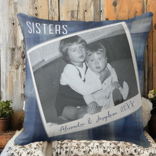 Custom sisters names photo keepsake blue plaid  cushion