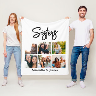 Custom Sisters Script 6 Photo Collage  Fleece Blanket