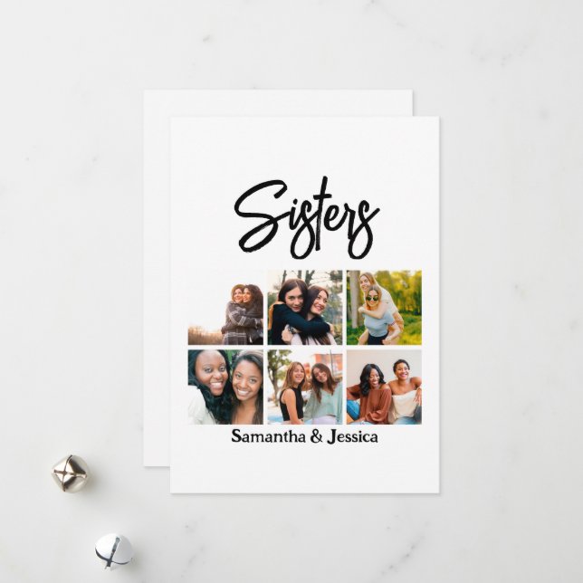 Custom Sisters Script 6 Photo Collage Holiday Card (Front/Back In Situ)