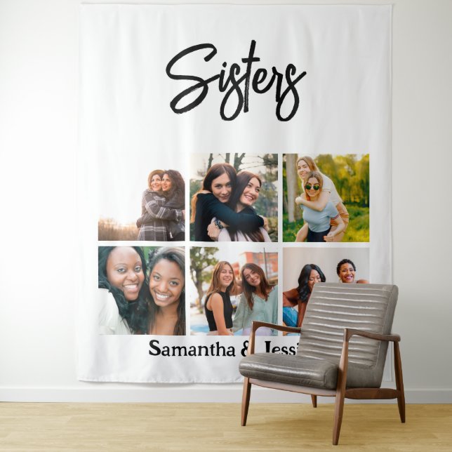 Custom Sisters Script 6 Photo Collage Tapestry (In Situ)