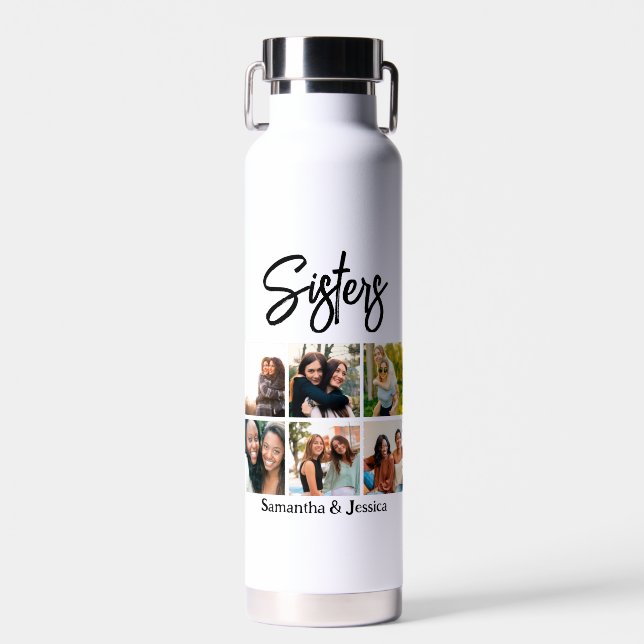 Custom Sisters Script 6 Photo Collage Water Bottle (Front)