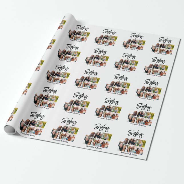 Custom Sisters Script 6 Photo Collage Wrapping Paper (Unrolled)