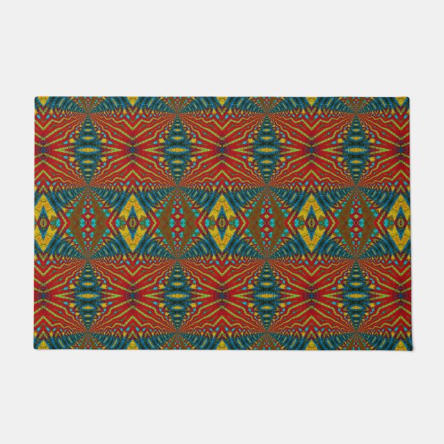  Custom Size Red Blue & Yellow Tribal Pet Bowl Mat (Front)