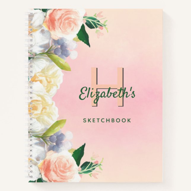 Custom sketchbook romantic florals peach pink notebook (Front)
